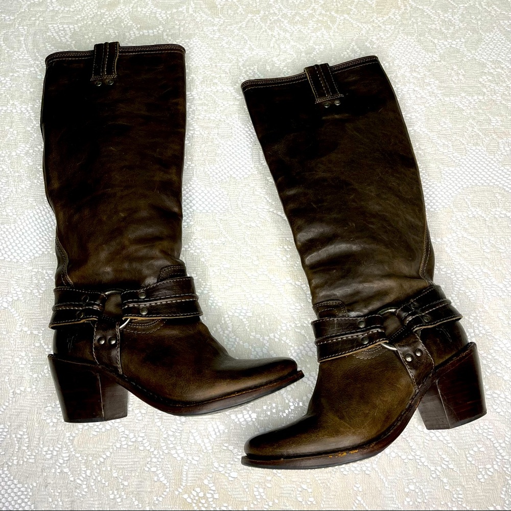 Frye Carmen Women Sz 7B Brown Leather Harness Boot Tall